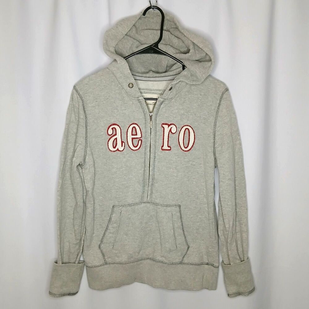 Aeropostale Half Zip Hoodie Vtg Fleece Sweatshirt Top Gray Retro Womens Large